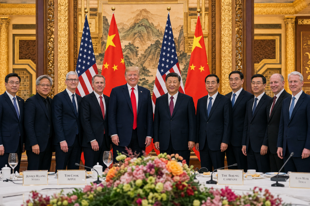 President Trump and President Xi Jinping at the 2026 Beijing summit with American business executives