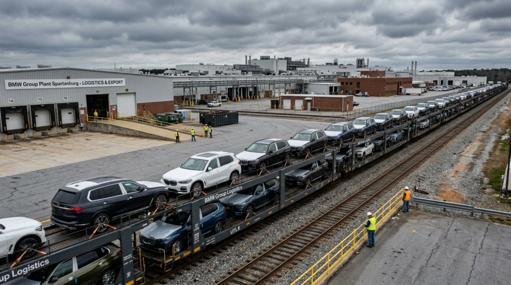 BMW X-series SUVs on rail transport cars at BMW Group Plant Spartanburg export logistics facility