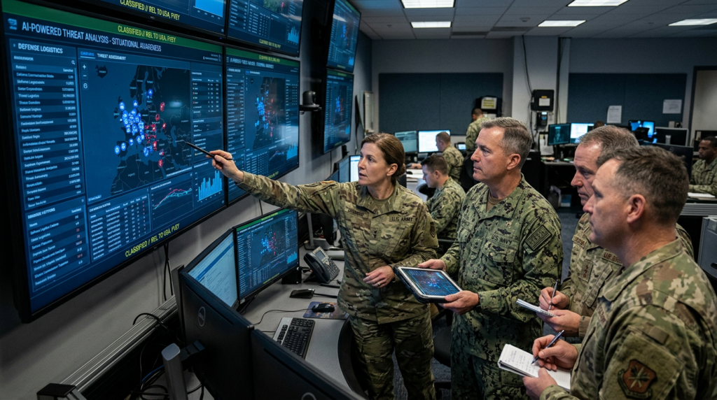 U.S. military commanders review AI-powered threat analysis on classified screens in a secure operations center