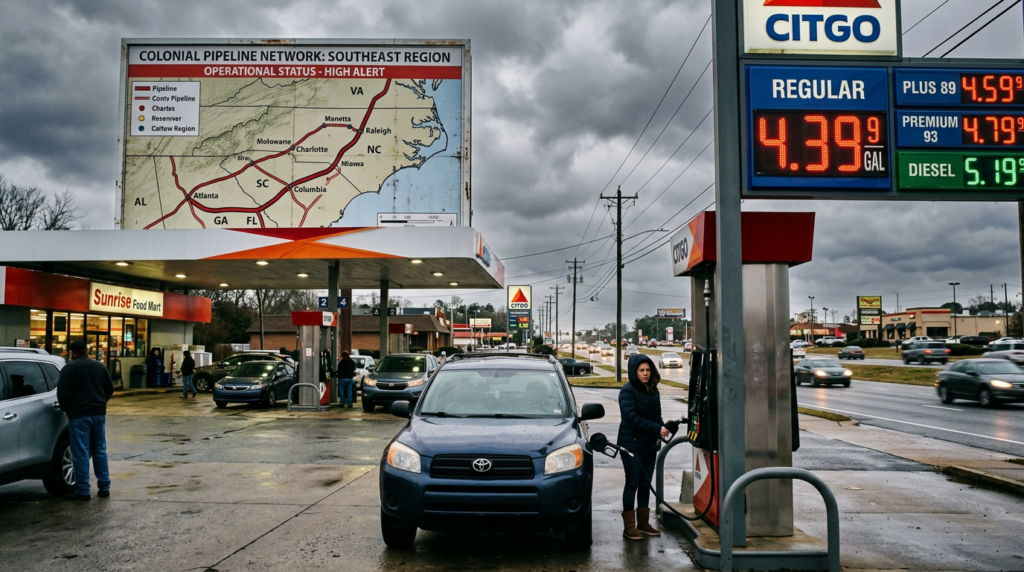 A Upstate South Carolina gas station price sign showing elevated fuel prices near $4 per gallon, with a Colonial Pipeline route map of the Southeast in the background