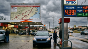 A Upstate South Carolina gas station price sign showing elevated fuel prices near $4 per gallon, with a Colonial Pipeline route map of the Southeast in the background