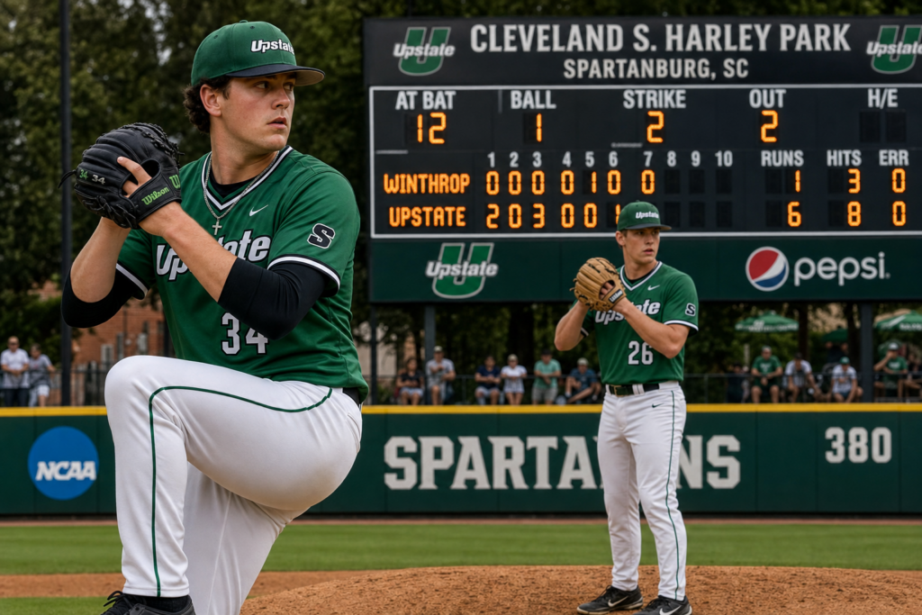 USC Upstate pitchers Max Bianchini and Jacob Kirby during a baseball game in Spartanburg