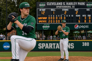 USC Upstate pitchers Max Bianchini and Jacob Kirby during a baseball game in Spartanburg