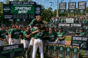 USC Upstate baseball players celebrating a Senior Day win at Harley Park