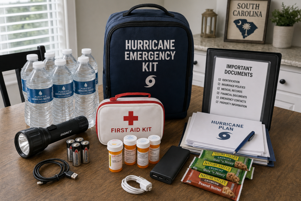 Emergency preparedness kit for South Carolina hurricane season 2026 with essential supplies