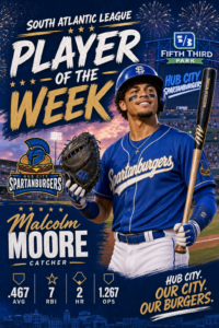 Hub City catcher Malcolm Moore after a Player of the Week-caliber performance