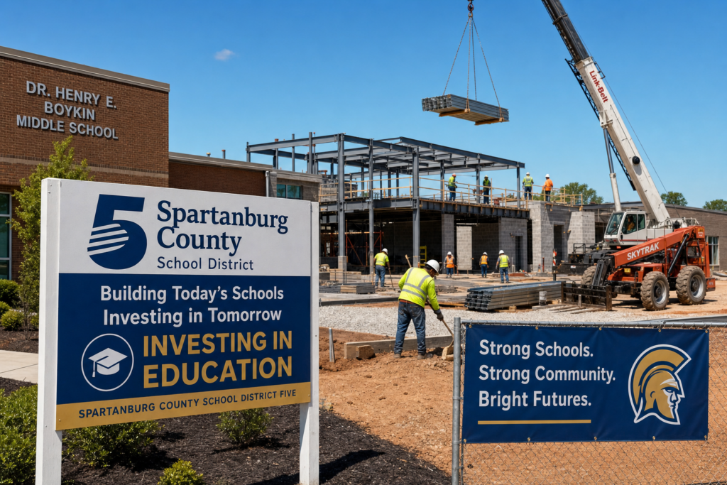 Spartanburg School District 5 campus with construction activity funded by the $200 million bond referendum
