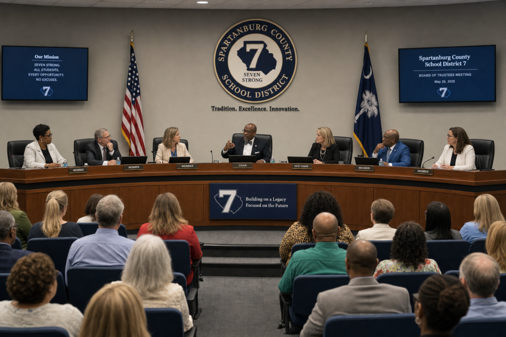 Spartanburg County School District 2 board meeting room where trustees hold monthly public sessions