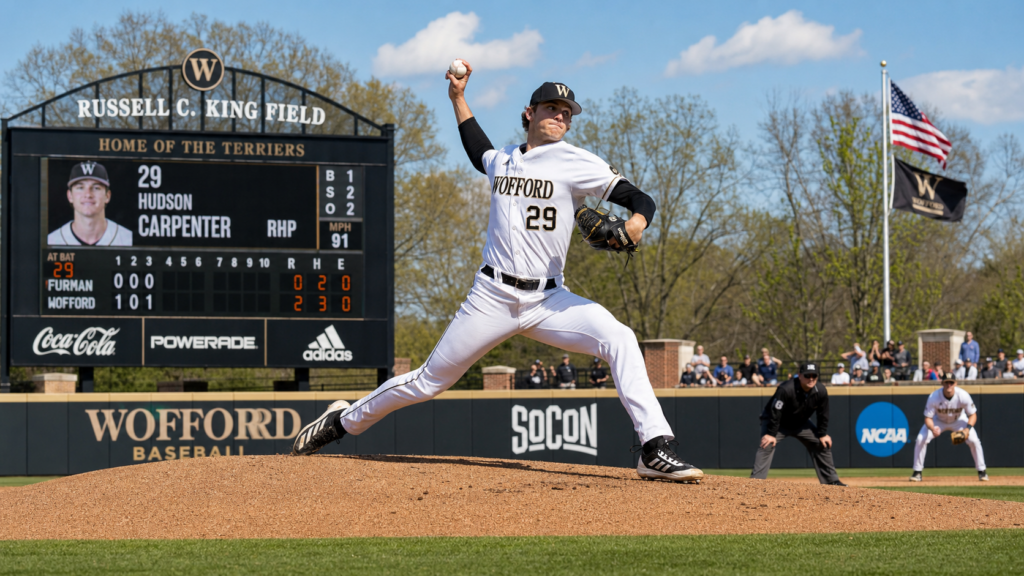 Wofford Terriers pitcher on the mound at Russell C. King Field in Spartanburg during a 2026 Southern Conference baseball game