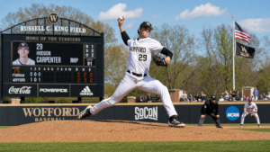 Wofford Terriers pitcher on the mound at Russell C. King Field in Spartanburg during a 2026 Southern Conference baseball game