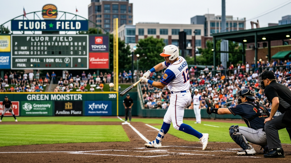 Luke Hanson batting for the Hub City Spartanburgers at Fluor Field in Greenville