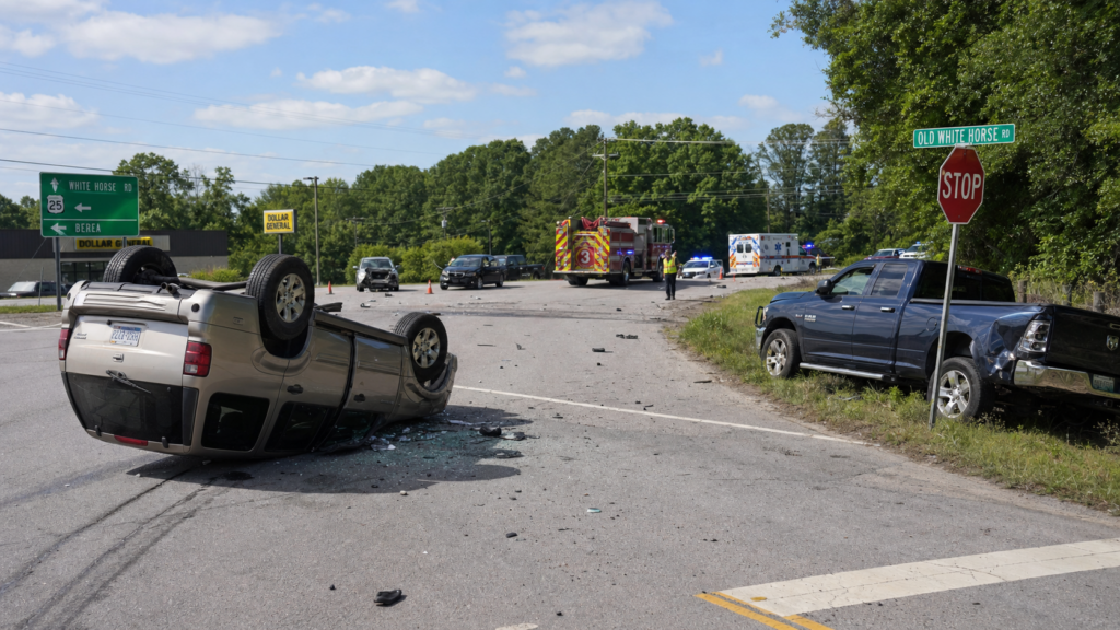 Overturned SUV and stopped pickup truck at the intersection of White Horse Road and Old White Horse Road in Berea, South Carolina
