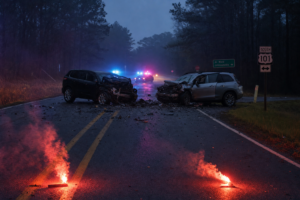 South Carolina Highway Patrol cruisers and emergency lights surround two crashed SUVs on Highway 101 near Bellview Road Extension in rural Spartanburg County