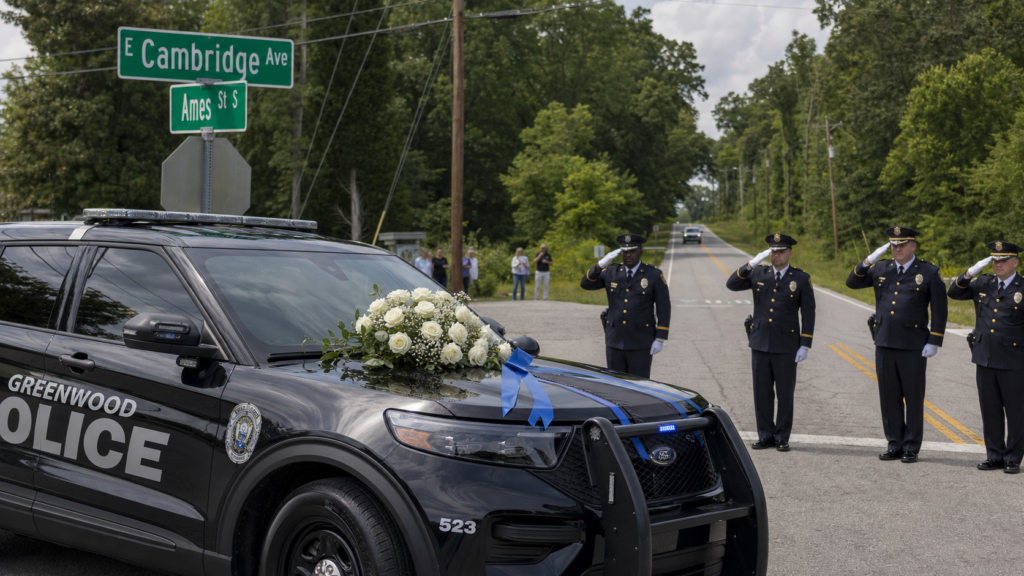 patrol SUV memorial with white roses and saluting officers at East Cambridge Avenue and Ames Street South