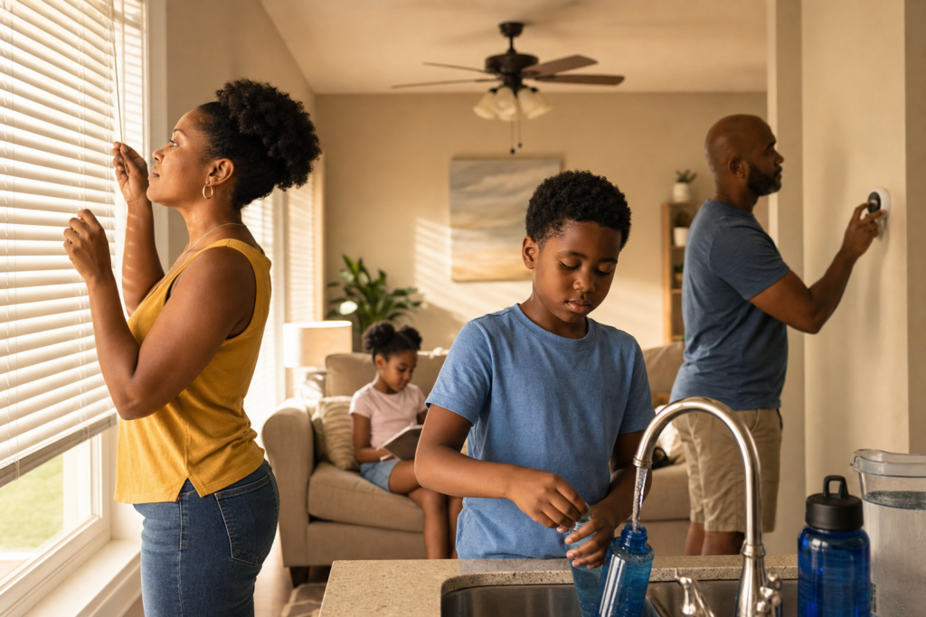 Family prepares their home for extreme heat by closing blinds and setting the thermostat.