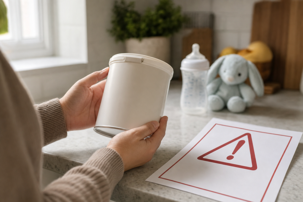 Parent checks infant formula container details after a recall notice.