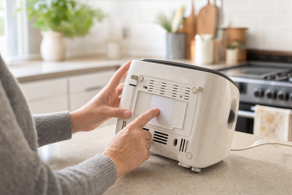 Hands check a product label on a small appliance to confirm model information for a recall.