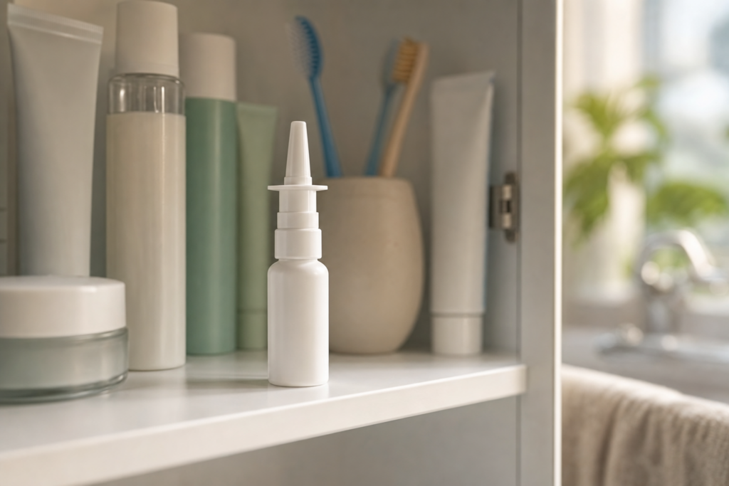 Nasal spray bottle in a home medicine cabinet