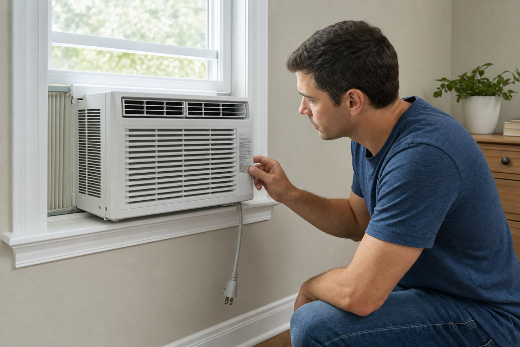 Homeowner checking the model label on a window air conditioner