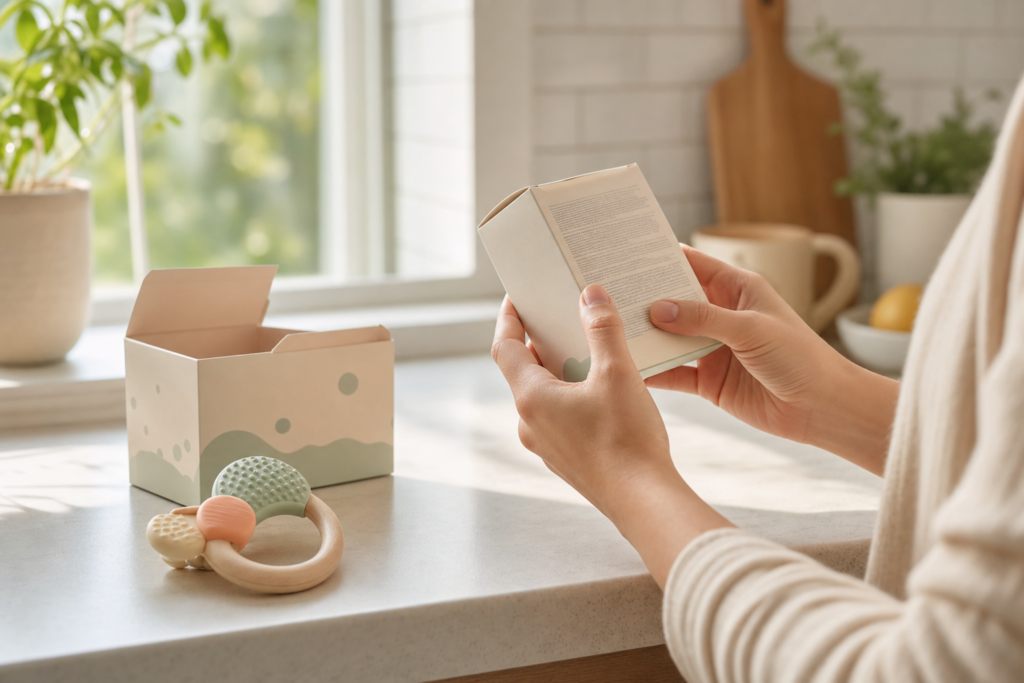 Parent checking a nursery product label beside a baby teether