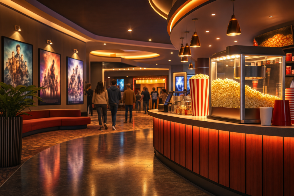 A movie theater lobby with popcorn and film posters