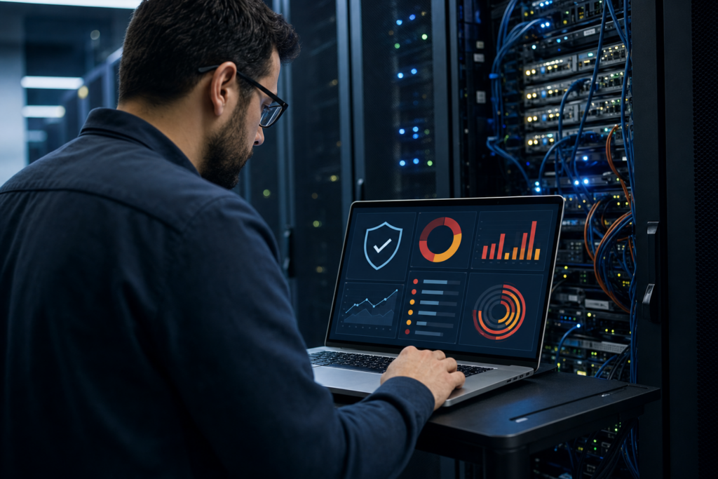 An IT administrator reviewing a patch dashboard