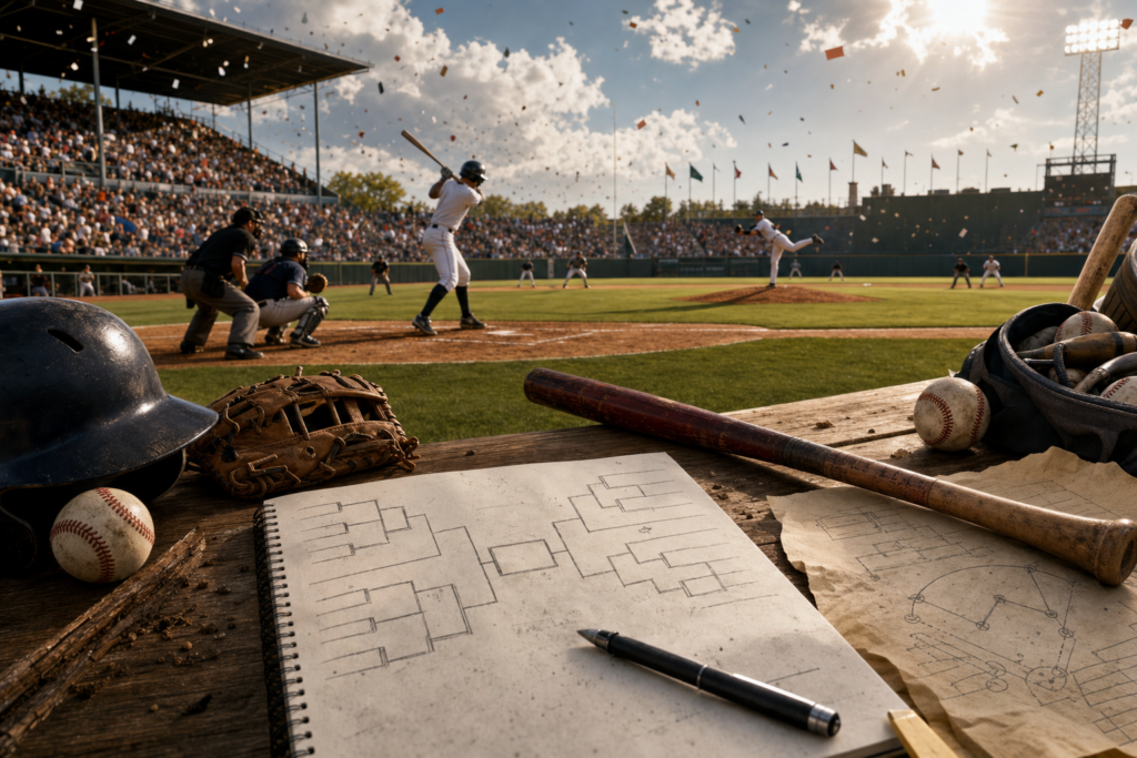 A college baseball field with tournament notes and baseball gear