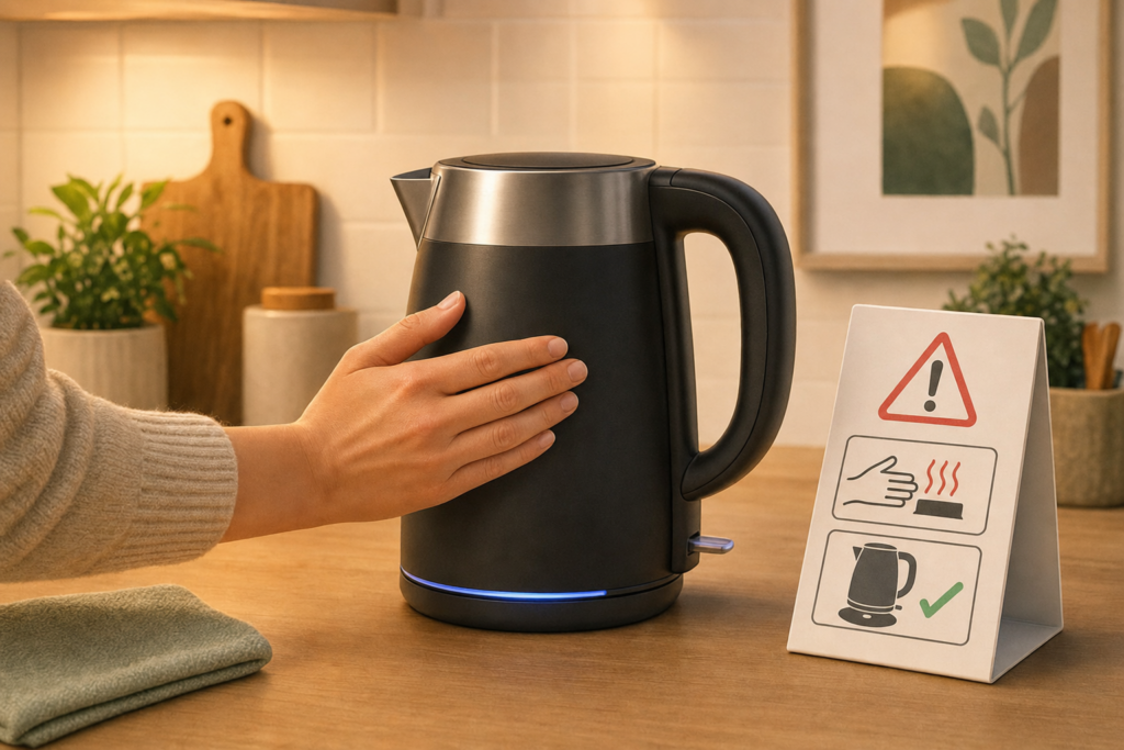 An electric kettle being checked on a kitchen counter