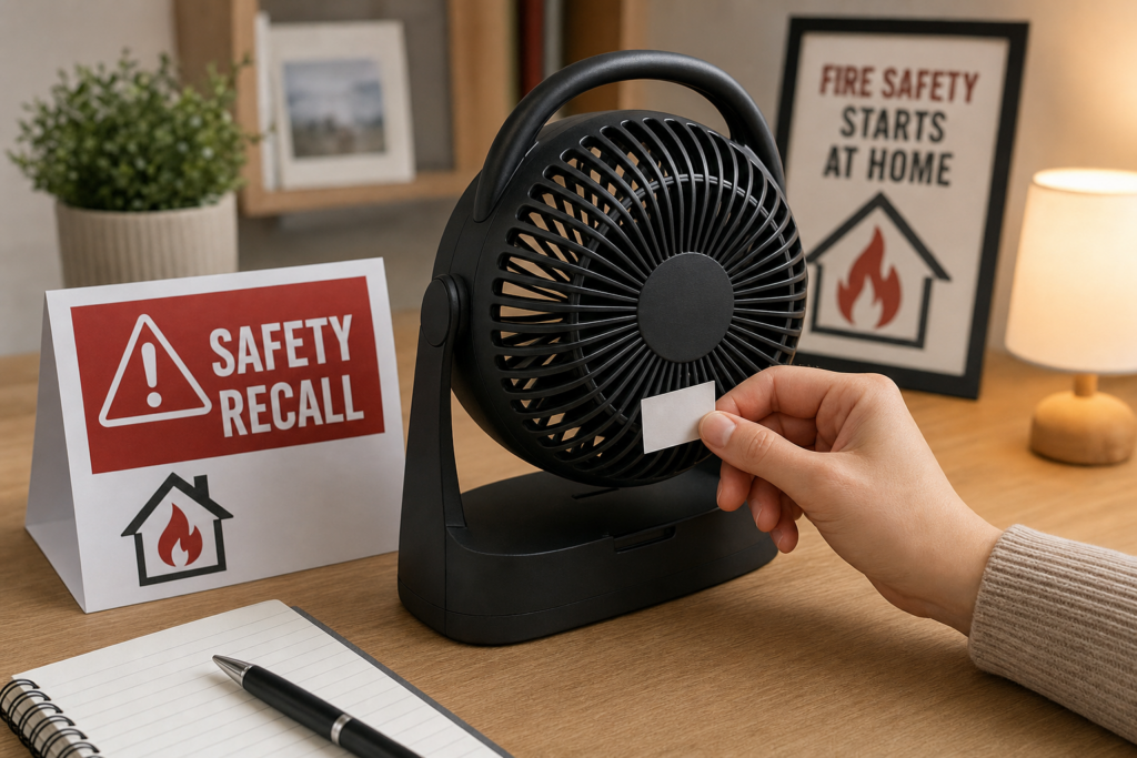A portable home fan being checked for a product recall
