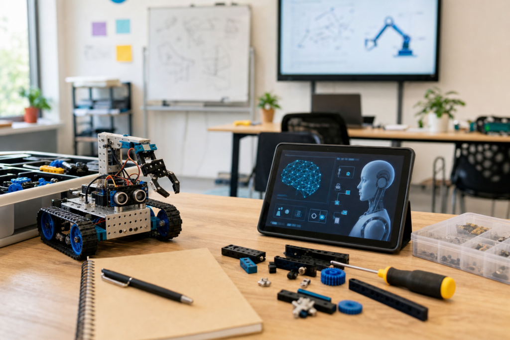 A classroom robotics kit and tablet on a desk