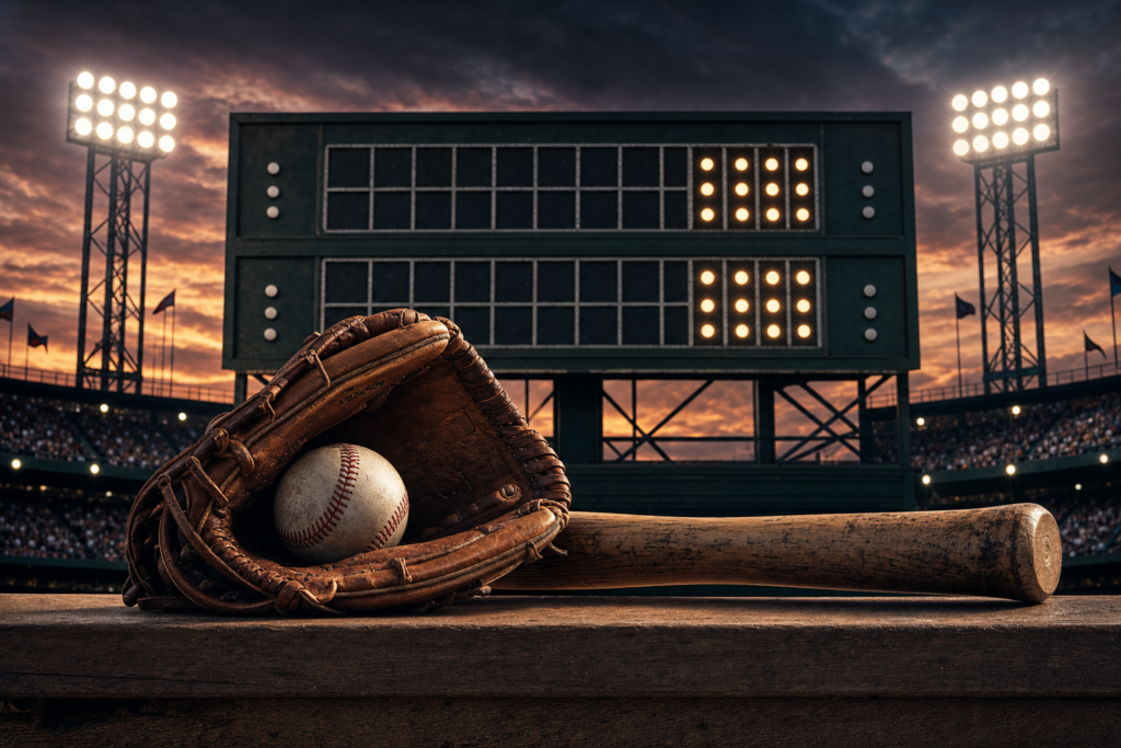 A baseball glove and bat in a stadium