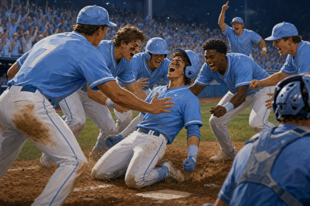 Generic college baseball players celebrate a late rally