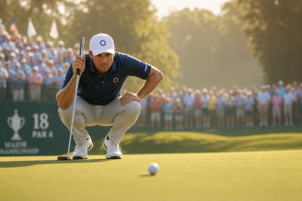 A golfer lining up a putt on a major championship green