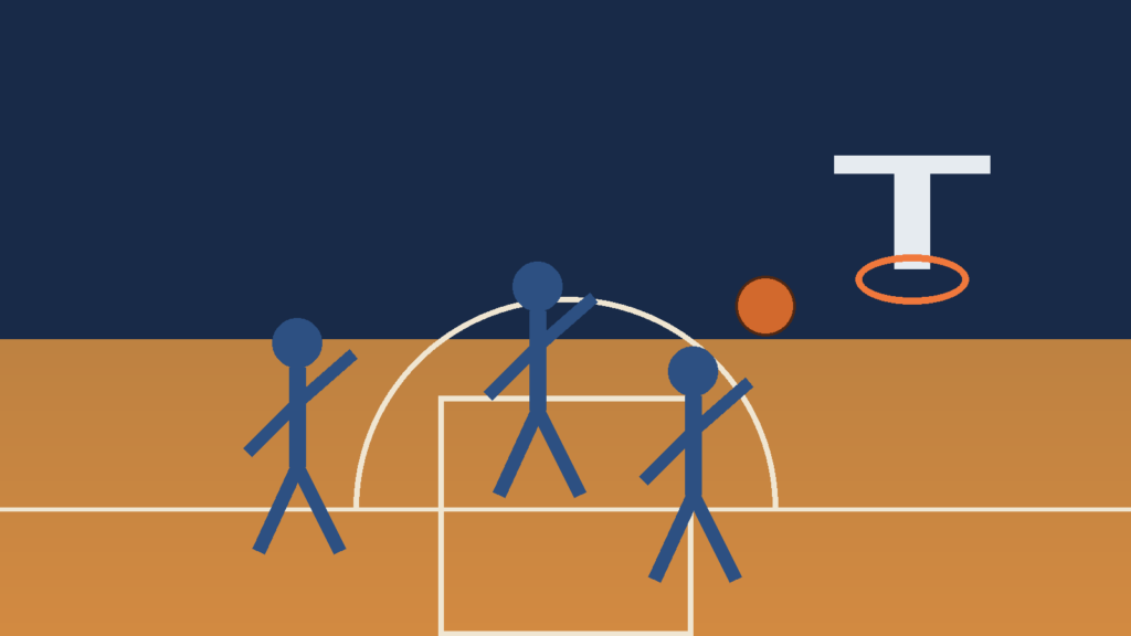 A clean basketball court graphic with players and a hoop