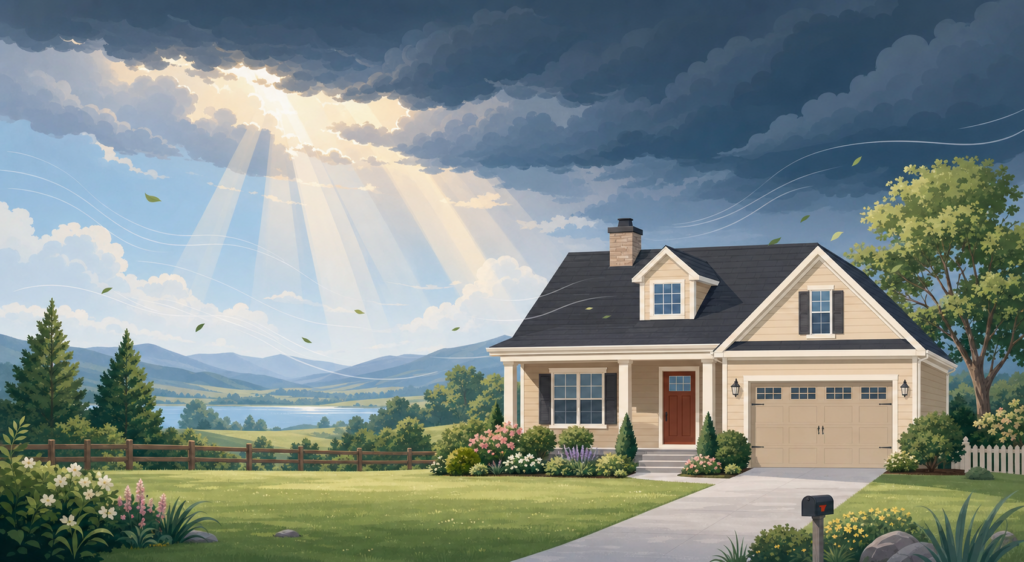 A simple illustration of a home under sun rays and storm clouds, representing summer heat and storm preparation.