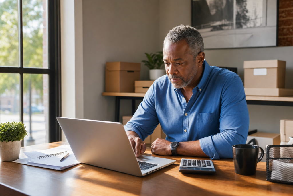 Small business owner reviewing payroll and rate-planning notes on a laptop