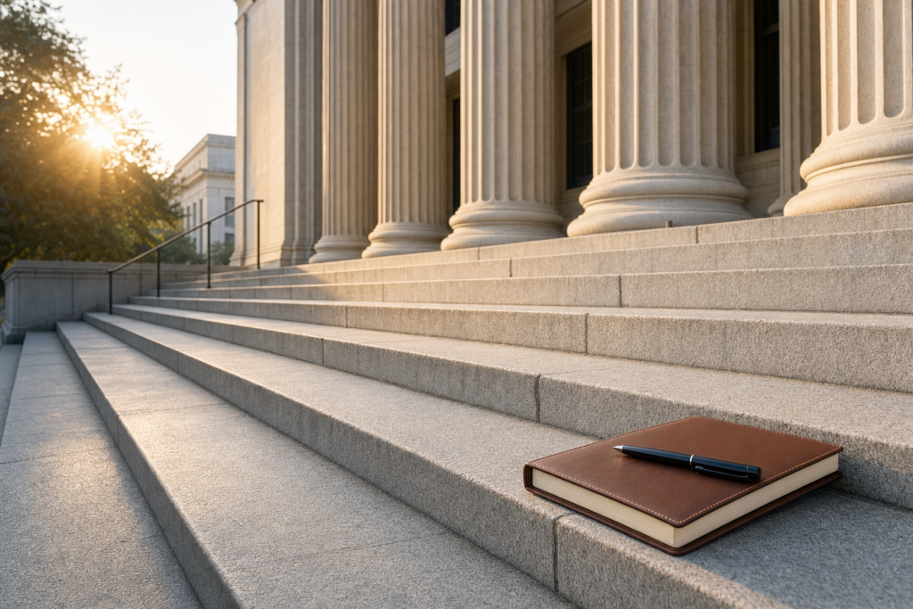 Courthouse steps with a notebook and pen in morning light