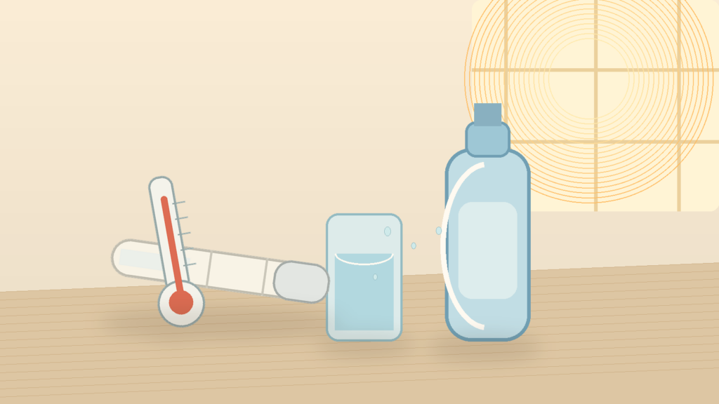 Medication pen, water bottle and thermometer on a kitchen counter in summer light