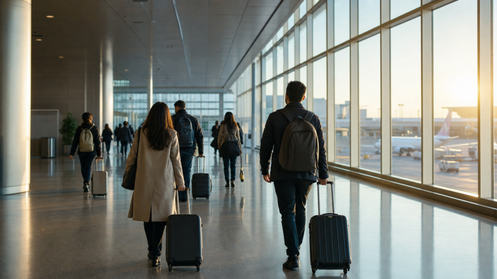 Travelers walking through an airport concourse with luggage