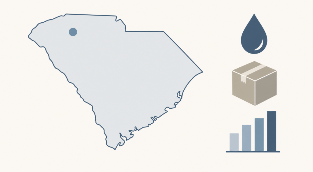 Illustration of South Carolina with icons for oil, shipping and market trends