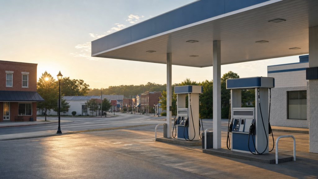 Gas pump and roadway scene representing fuel prices and interest rates