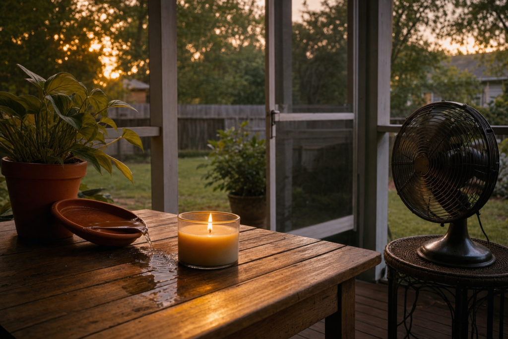 Mosquito-prevention steps at a Spartanburg backyard porch at dusk