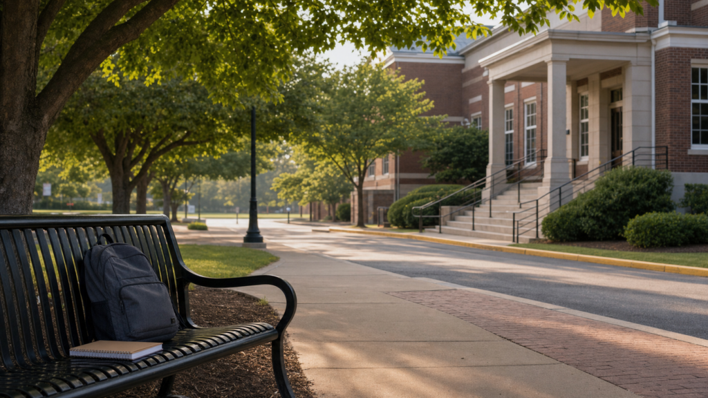 A backpack and notebook sit outside a school entrance before the new school year.