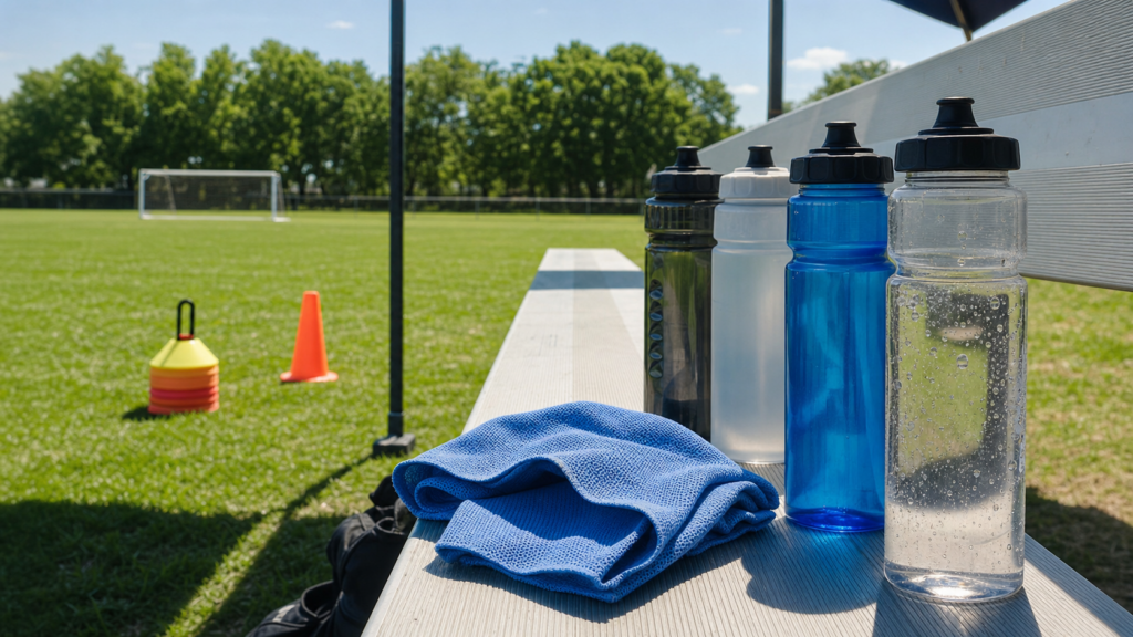 Water bottles and a cooling towel beside an empty youth sports field