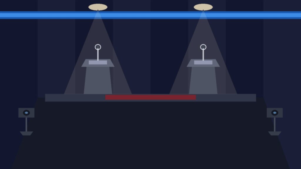 Empty debate stage with two podiums under spotlight